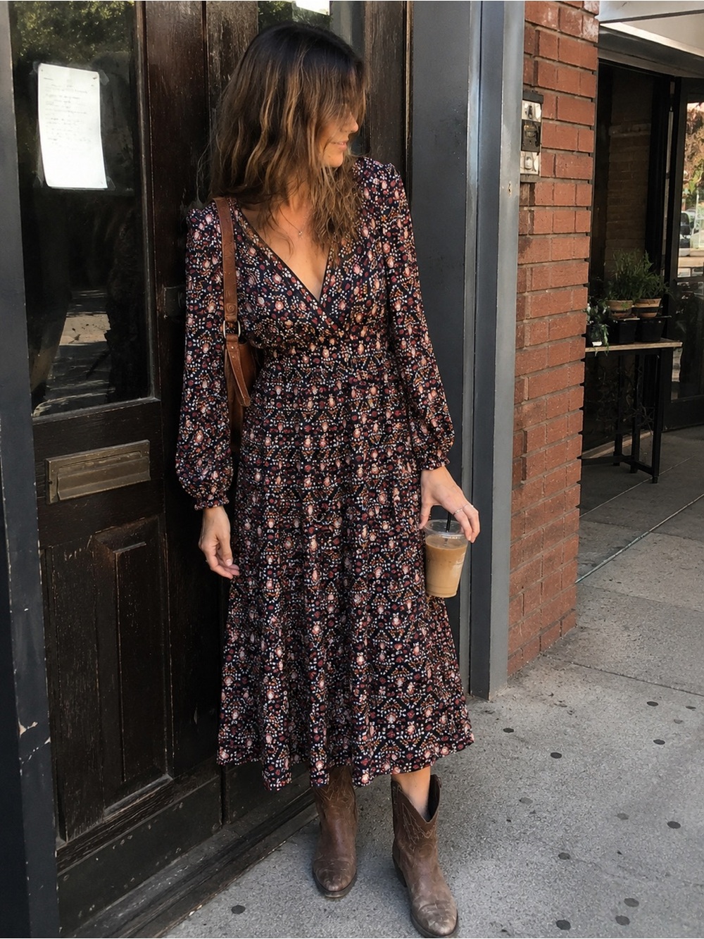 Max Studio Floral V-Neck Long Sleeve Midi Dress